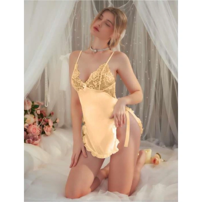 Arias Closet Sarı Dantel Detaylı İnce Askılı Saten Kısa Fantezi Gecelik