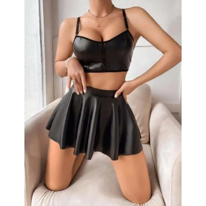 Arias Closet Siyah Etekli Şık Fantezi Deri Elbise