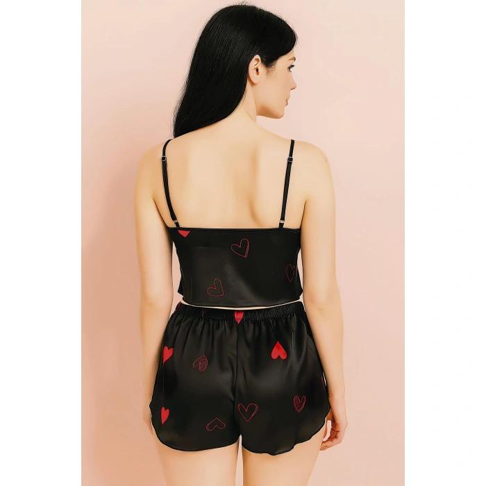 Arias Closet Siyah İnce Askılı Kalp Desenli Saten Şortlu Takım