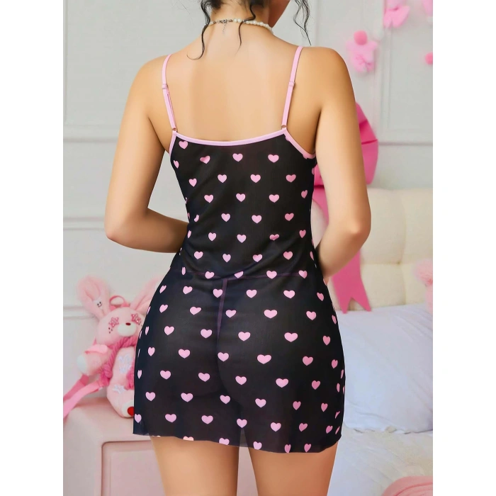 Arias Closet Siyah Kalp Desenli Dantel İşlemeli Fantezi Gecelik