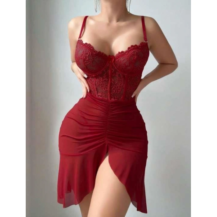 Arias Closet Fırfırlı Dantel İşlemeli Tül Fantezi Bordo Gecelik