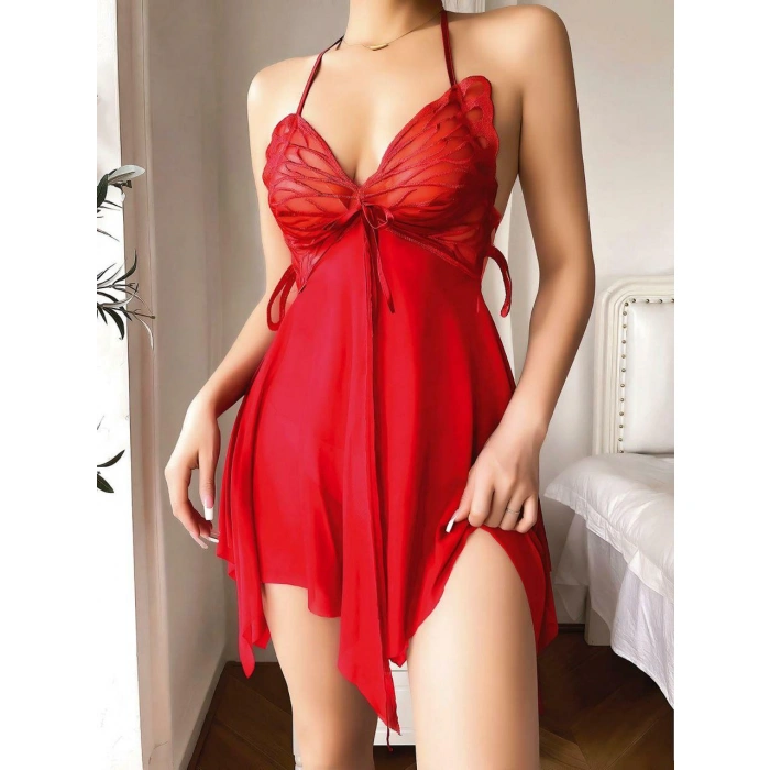 Arias Closet Göğüs Kelebek Detaylı Fantezi Tül Kırmızı Gecelik