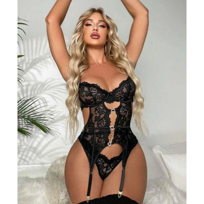 Arias Closet Kalp Aksesuarlı Dantelli Fantezi Siyah Jartiyer Takım