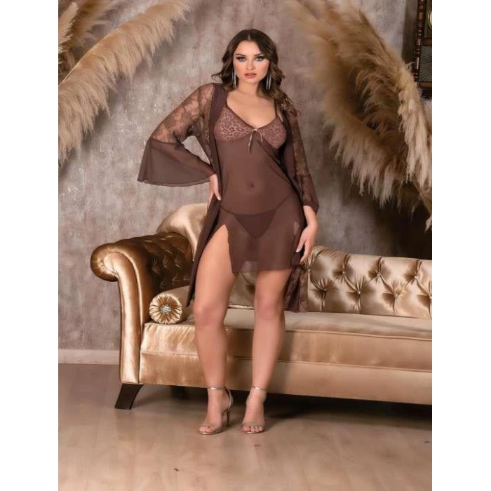 Arias Closet Leopar Desenli Transparan Dantel İşlemeli Tül Yırtmaçlı 2li Gecelik Takımı