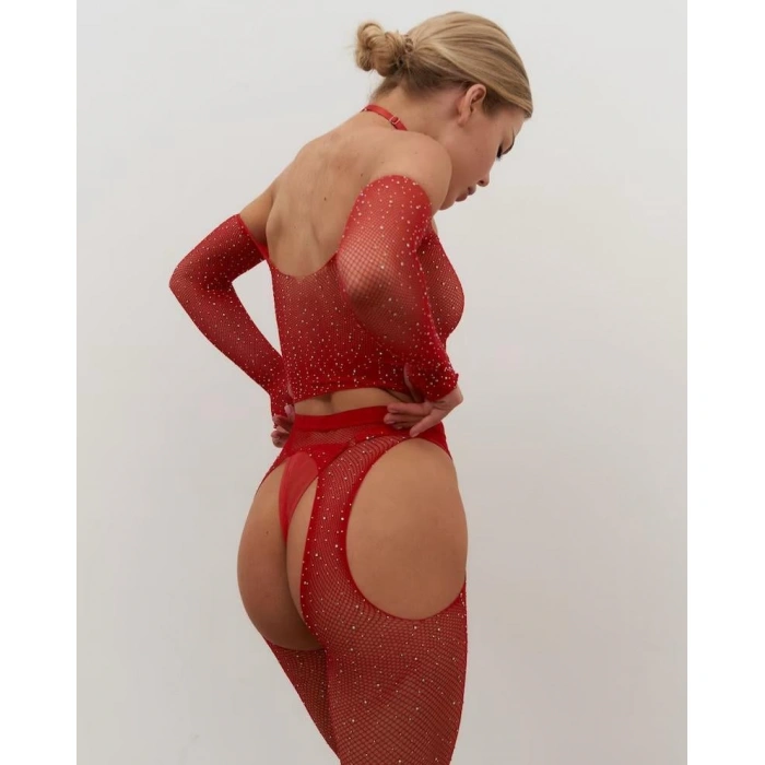 Arias Closet Özel Bölgesi Açık Kırmızı Taşlı Fantezi Vücut Çorabı