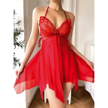 Arias Closet Göğüs Kelebek Detaylı Fantezi Tül Kırmızı Gecelik