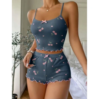 Arias Closet Mavi Kiraz Desenli Askılı Şortlu Pijama Takımı