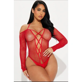 Arias Closet Özel Tasarım Kırmızı Taşlı Fantezi Vücut Çorabı