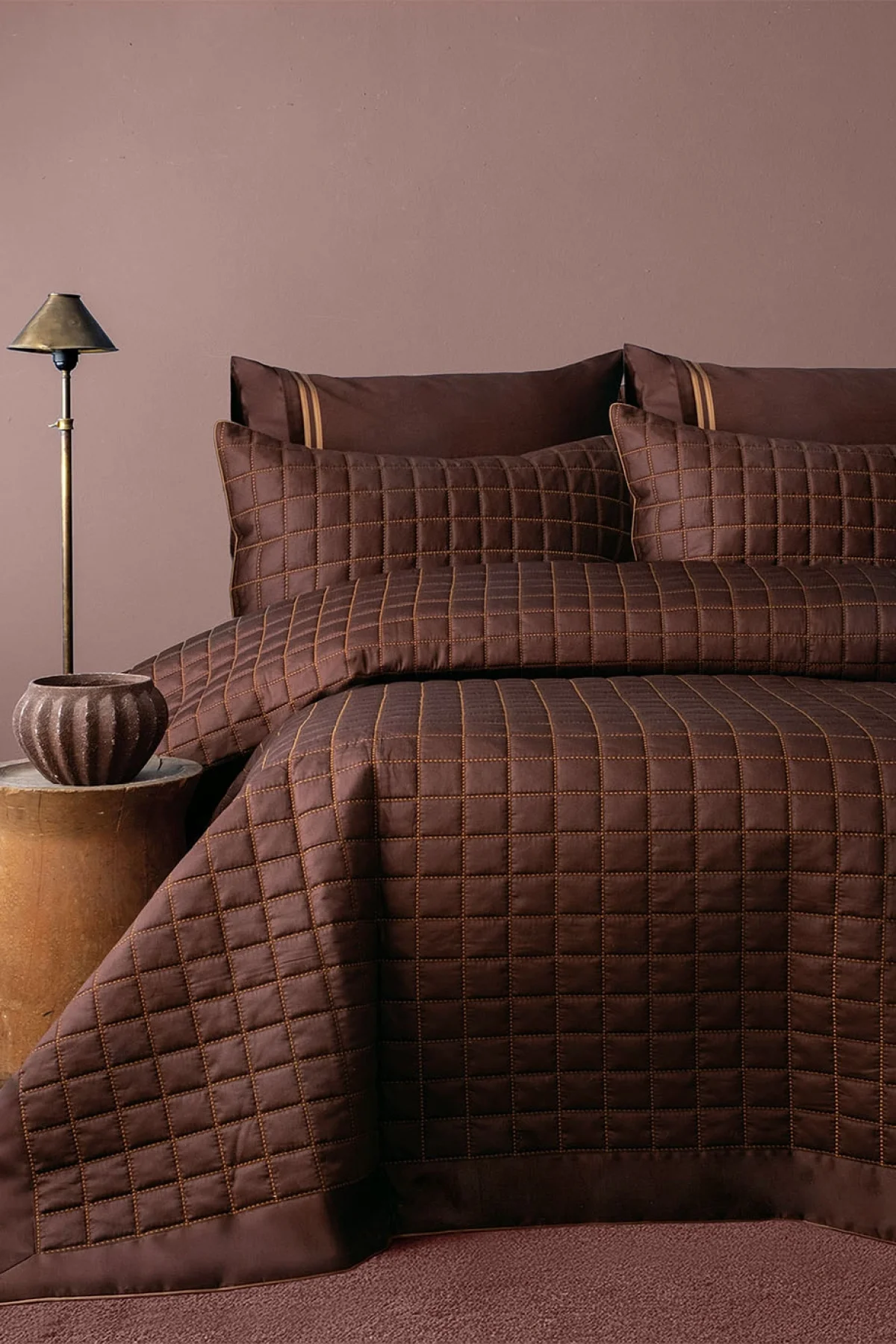 Boligia Brown Toned Craft 210 TC (82 Tel) Pamuk Saten Yatak Örtüsü Çift Kişilik