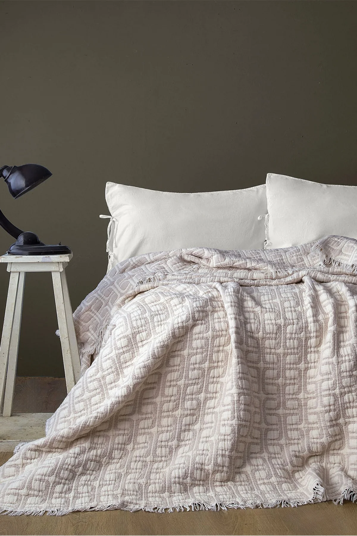 Perge Beige Müslin Çift Kişilik Yatak Örtüsü