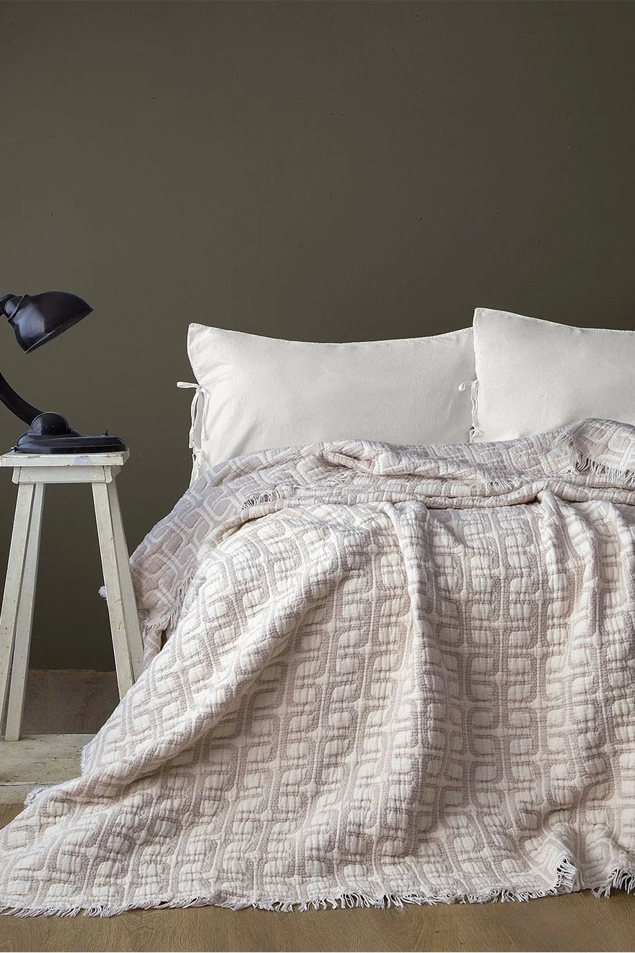 Perge Beige Müslin Çift Kişilik Yatak Örtüsü