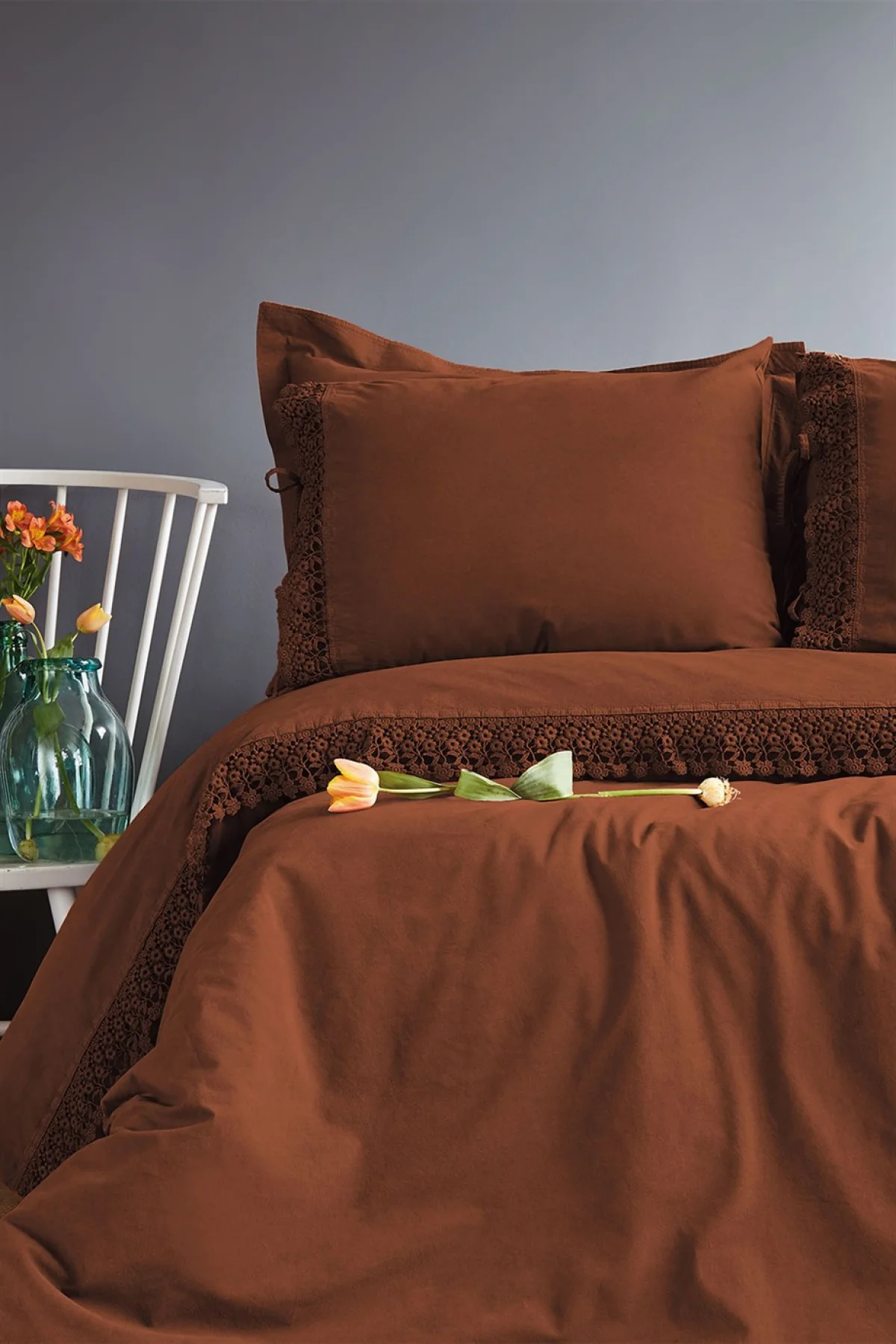 Daisy Yıkanmış %100 Pamuk Poplin Kiremit Çift Kişilik Nevresim Takımı