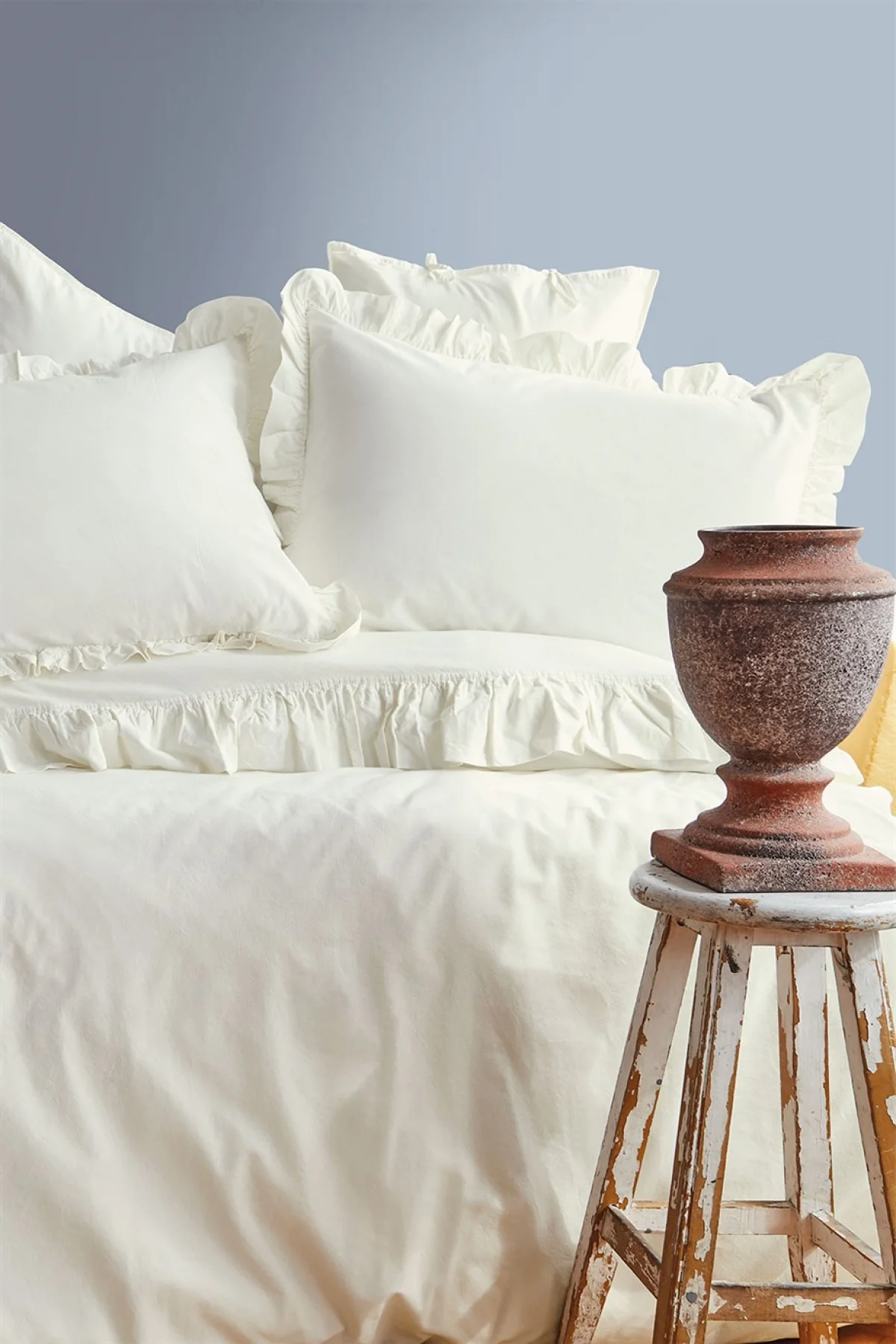 Frill Yıkanmış %100 Pamuk Poplin Vanilya Çift Kişilik Nevresim Takımı