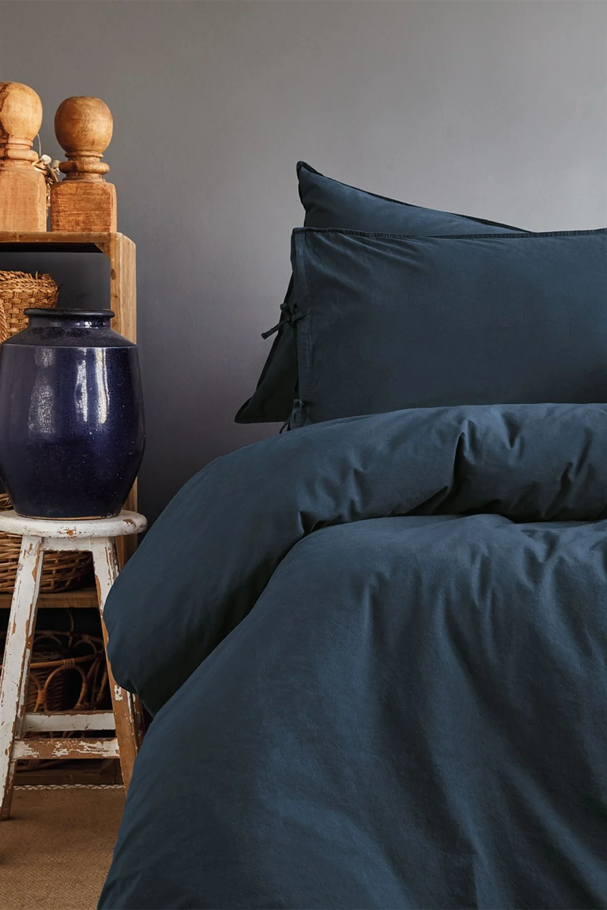 Savanna Yıkanmış %100 Pamuk Poplin Lacivert King Size Nevresim Takımı