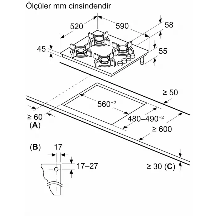 Siemens EO6C6PP30L 60 Cm Gazlı Siyah Ankastre Ocak