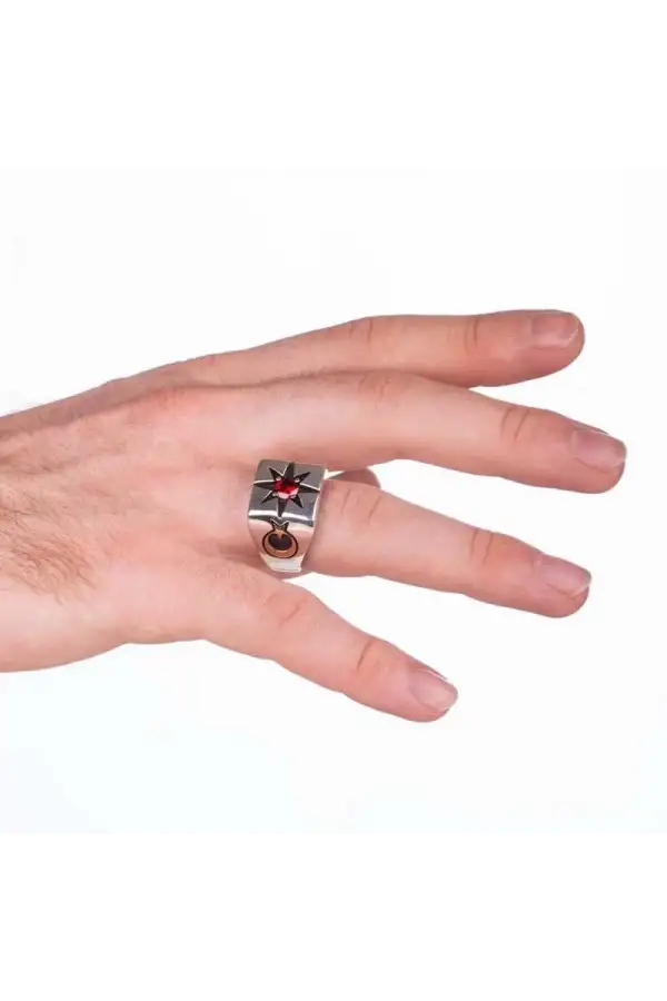 ​Gümüş Tek Taşlı Kutup Yıldızı Motifli Erkek Yüzük