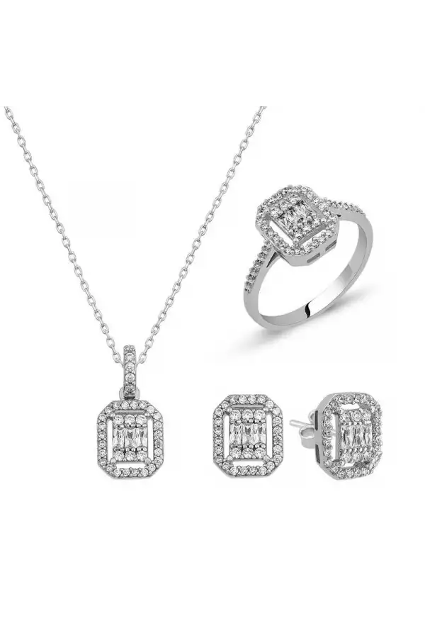 Gümüş Baget Taşlı Bayan Set