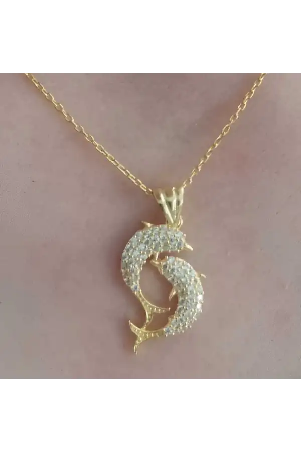Gümüş Gold Çift Yunus Balığı Kadın Kolye