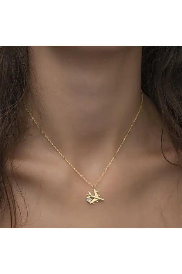 Gümüş Gold Tek Taşlı Uçak Kadın Kolye