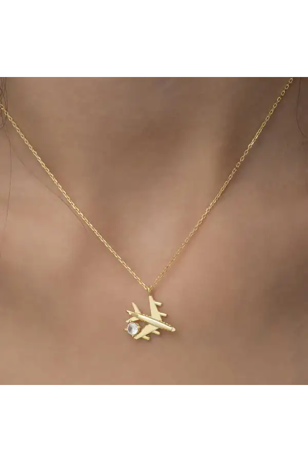 Gümüş Gold Tek Taşlı Uçak Kadın Kolye
