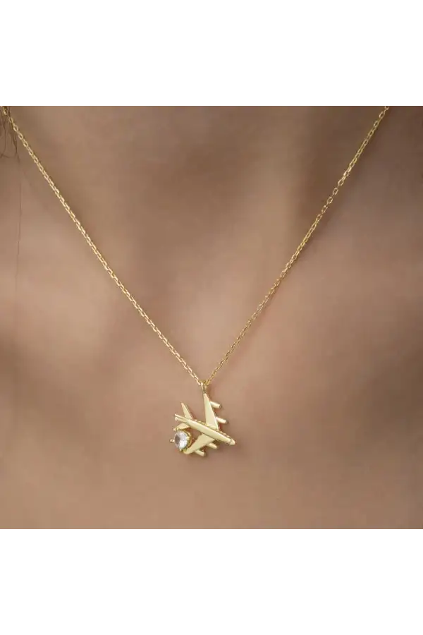 Gümüş Gold Tek Taşlı Uçak Kadın Kolye