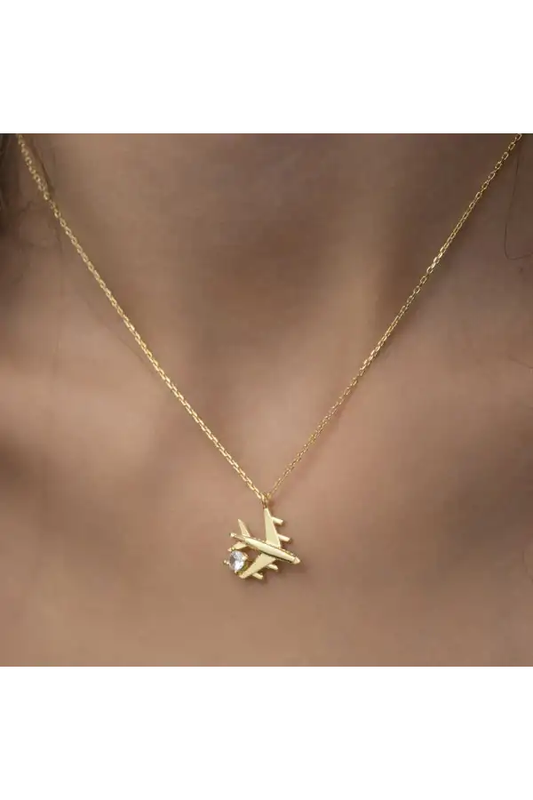 Gümüş Gold Tek Taşlı Uçak Kadın Kolye