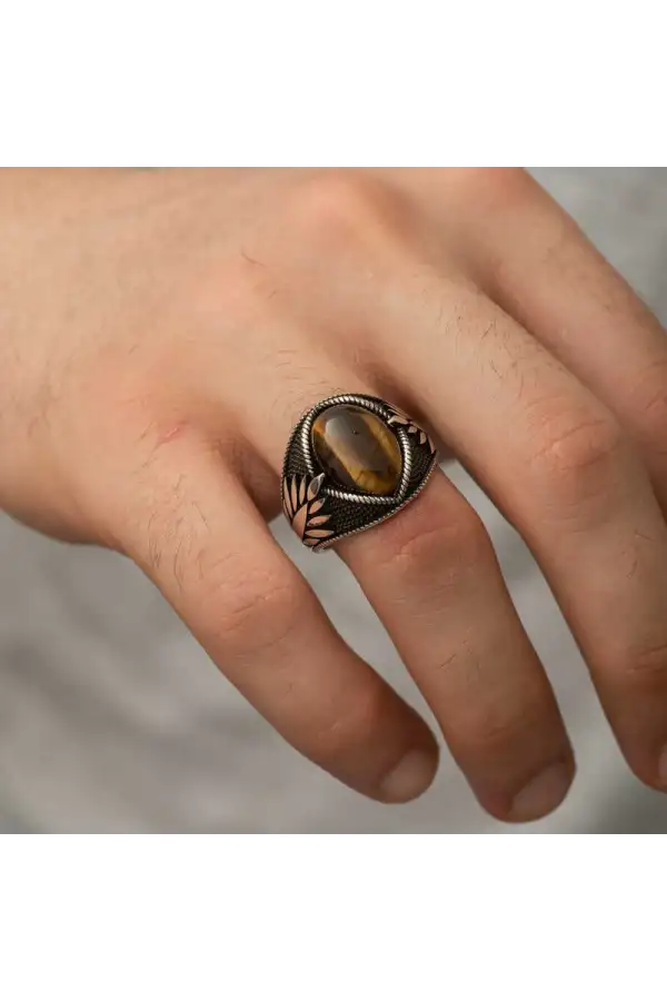 Gümüş Kaplangözü Taşlı İşlemeli Erkek Yüzük