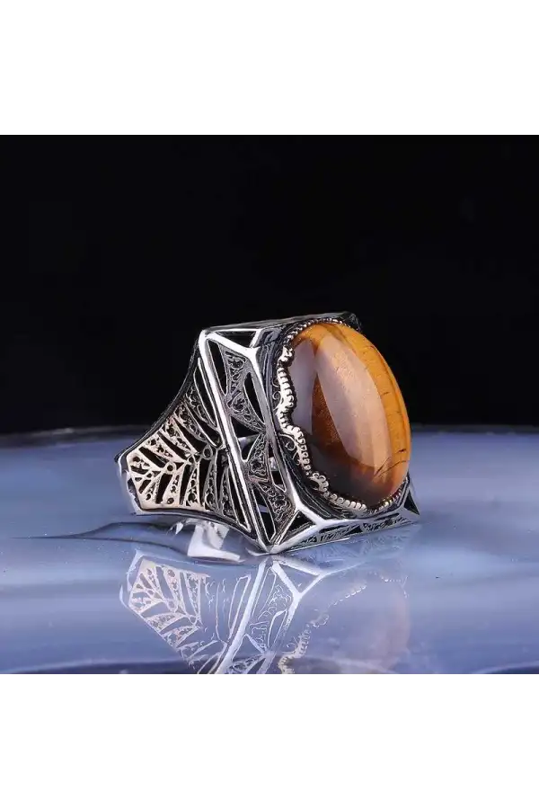 Gümüş Kaplangözü Taşlı Kare Erkek Yüzük