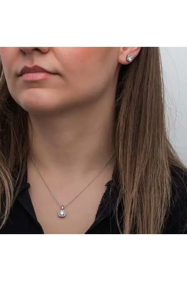 Gümüş Kare Montür Tek Taş Kadın Set