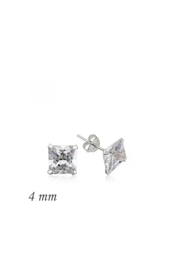 Gümüş Kare Tek Taş Zirkon Küpe - 4 mm