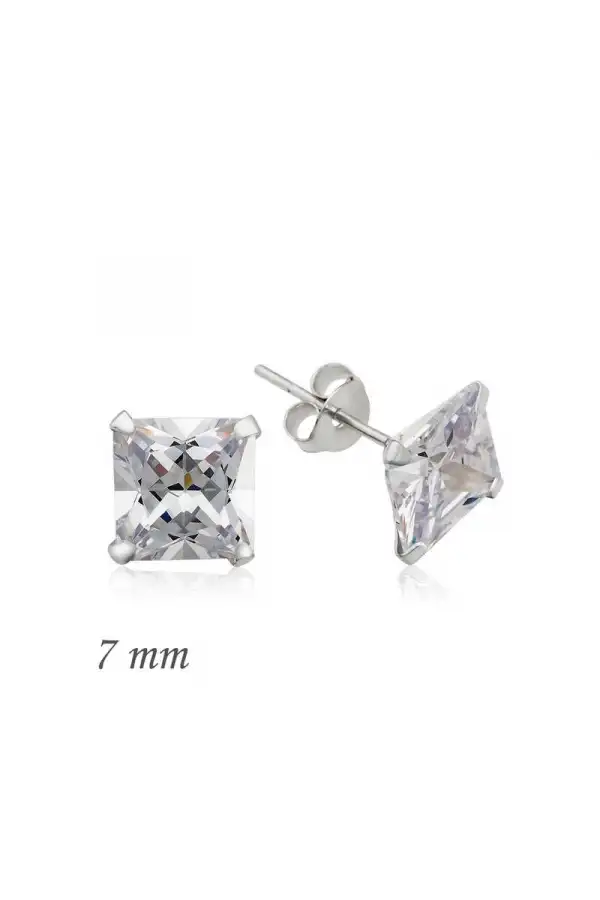 Gümüş Kare Tek Taş Zirkon Küpe - 7 mm