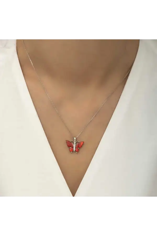 Gümüş Kırmızı Kaplangözü Taşlı Kelebek Kolye