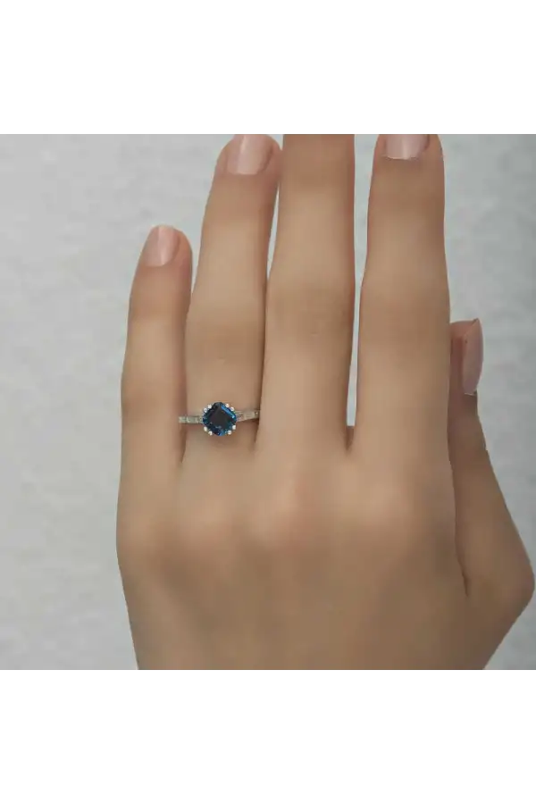 Gümüş Mavi Baget Tek Taş Kadın Yüzük
