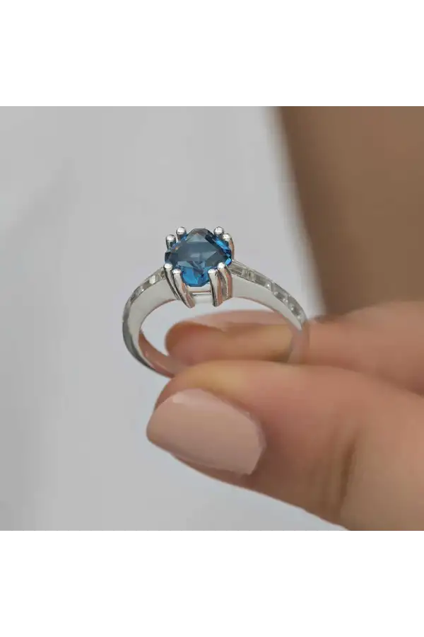 Gümüş Mavi Baget Tek Taş Kadın Yüzük