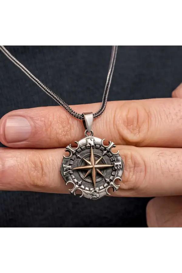 Gümüş Oksitli Pusula Erkek Kolye