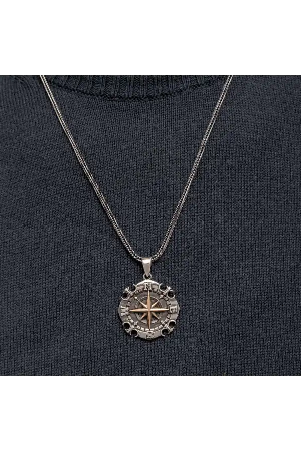 Gümüş Oksitli Pusula Erkek Kolye