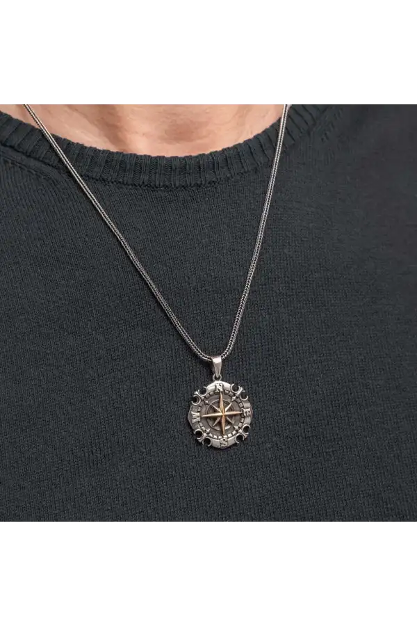 Gümüş Oksitli Pusula Erkek Kolye