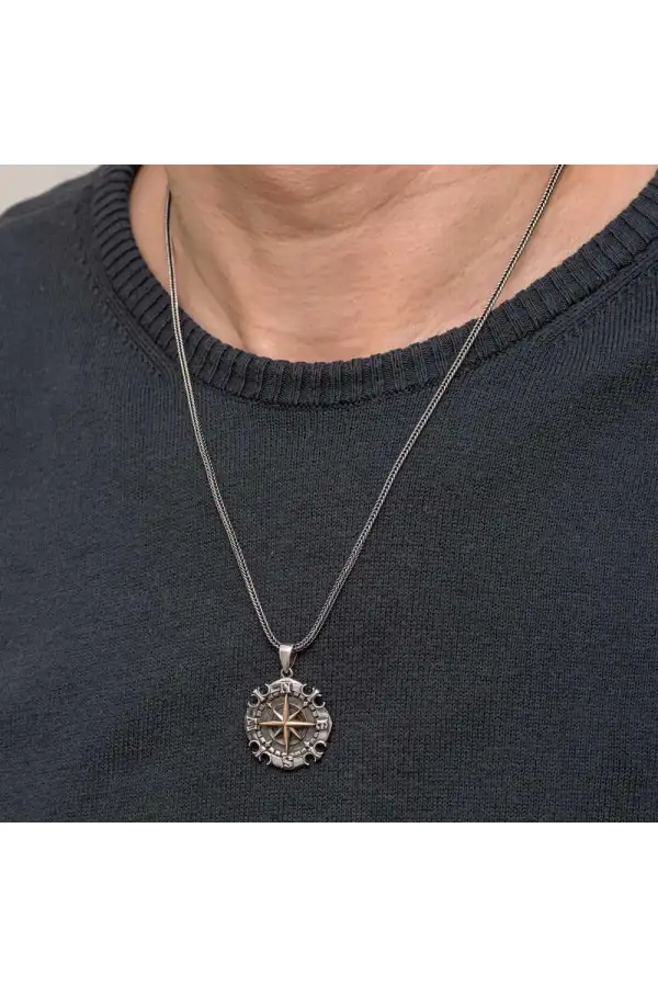 Gümüş Oksitli Pusula Erkek Kolye