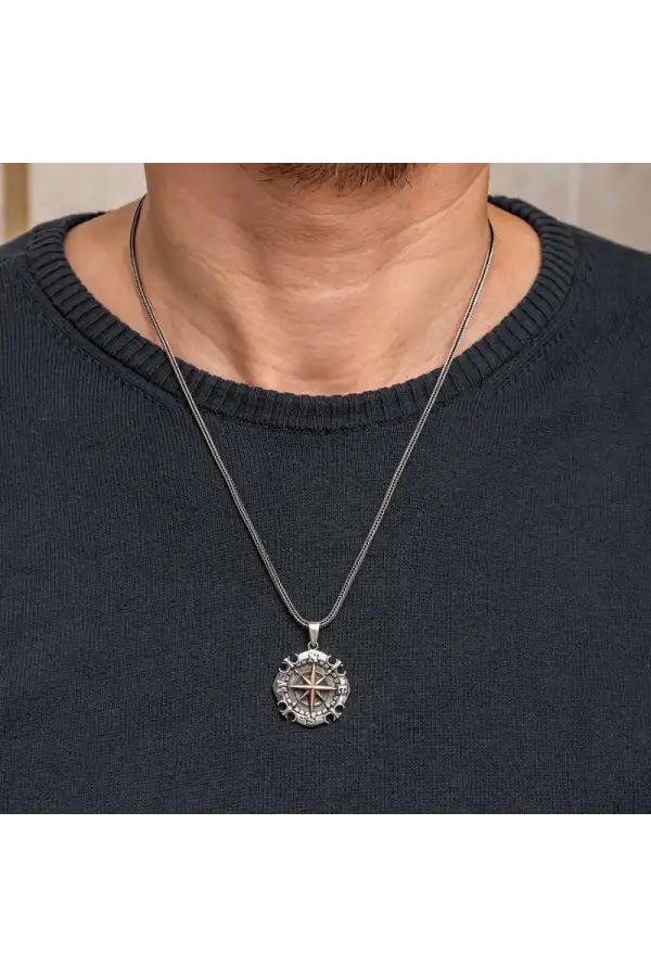 Gümüş Oksitli Pusula Erkek Kolye