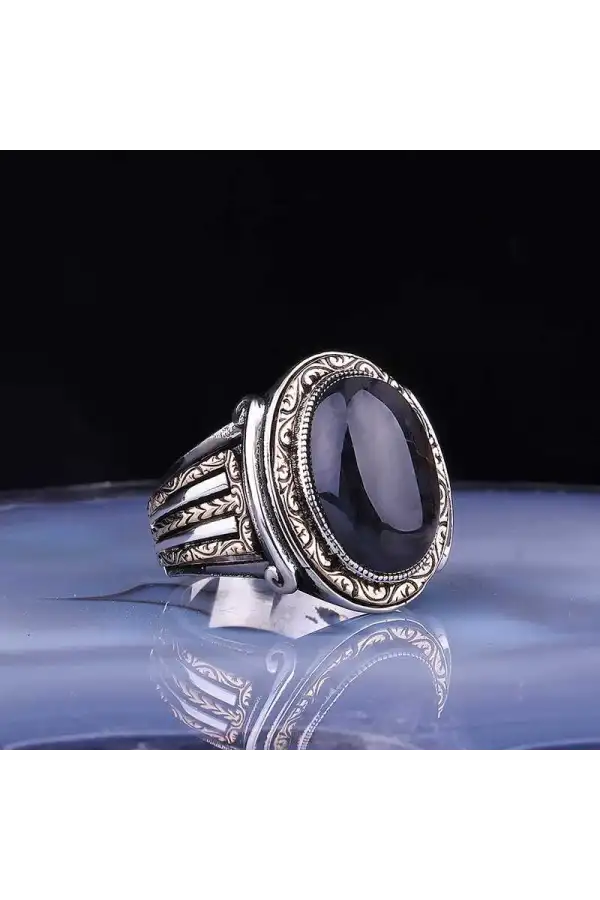 Gümüş Onix Taşlı Oval Erkek Yüzük