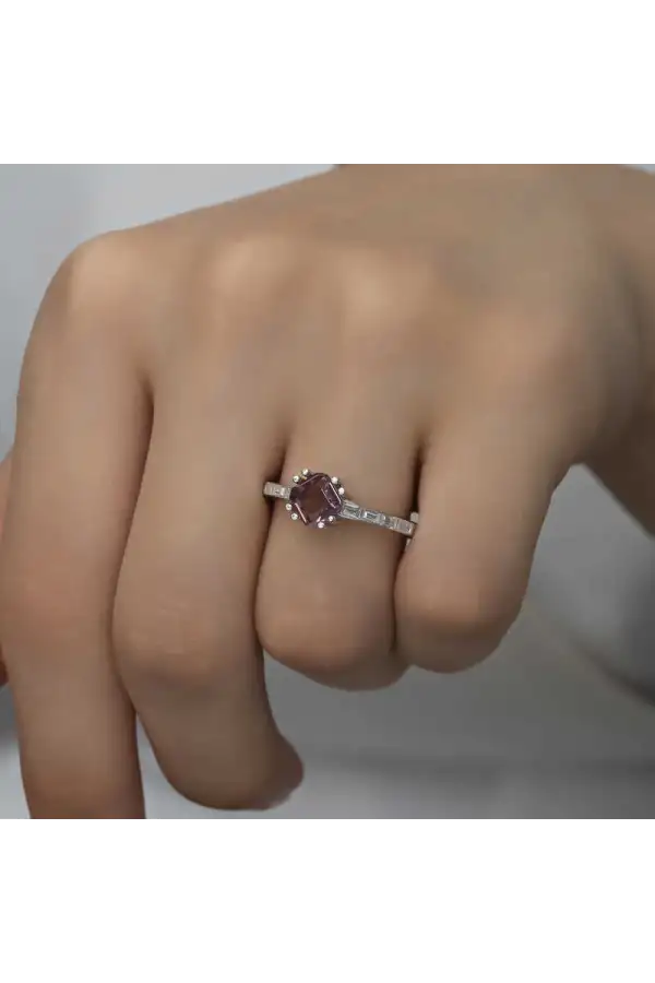 Gümüş Pembe Baget Tek Taş Kadın Yüzük