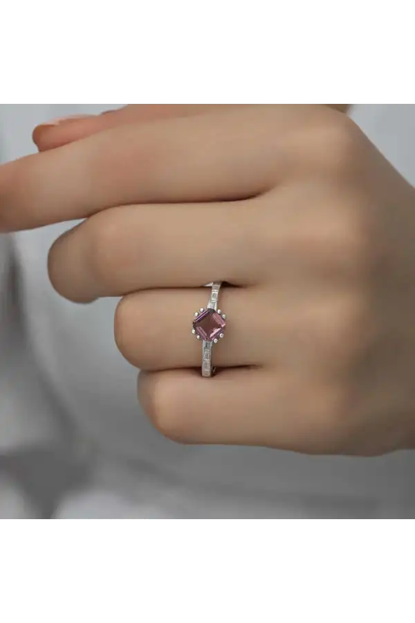 Gümüş Pembe Baget Tek Taş Kadın Yüzük