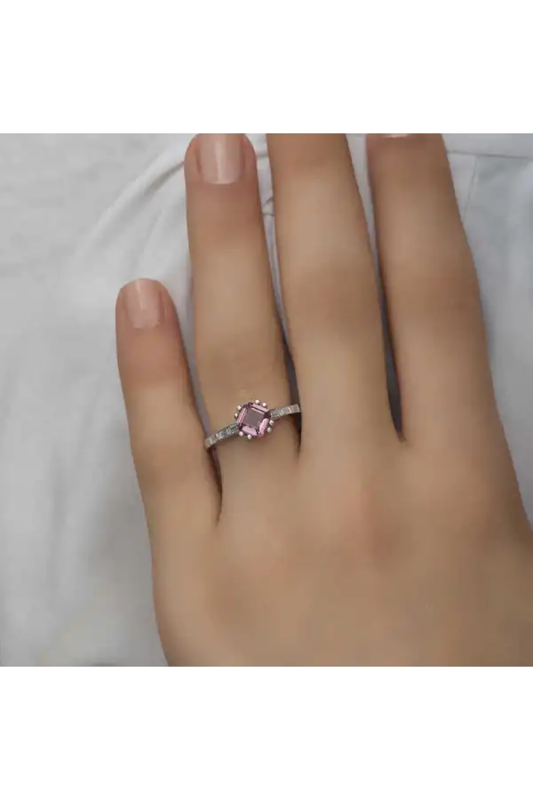 Gümüş Pembe Baget Tek Taş Kadın Yüzük