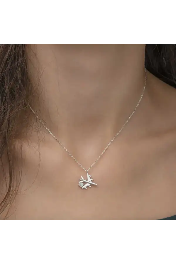 Gümüş Rodyum Tek Taşlı Uçak Kadın Kolye