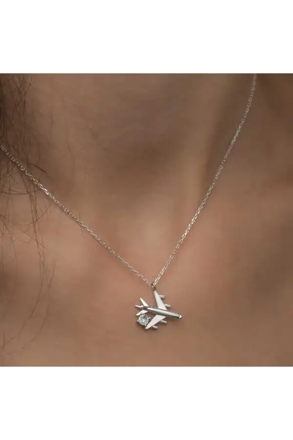 Gümüş Rodyum Tek Taşlı Uçak Kadın Kolye