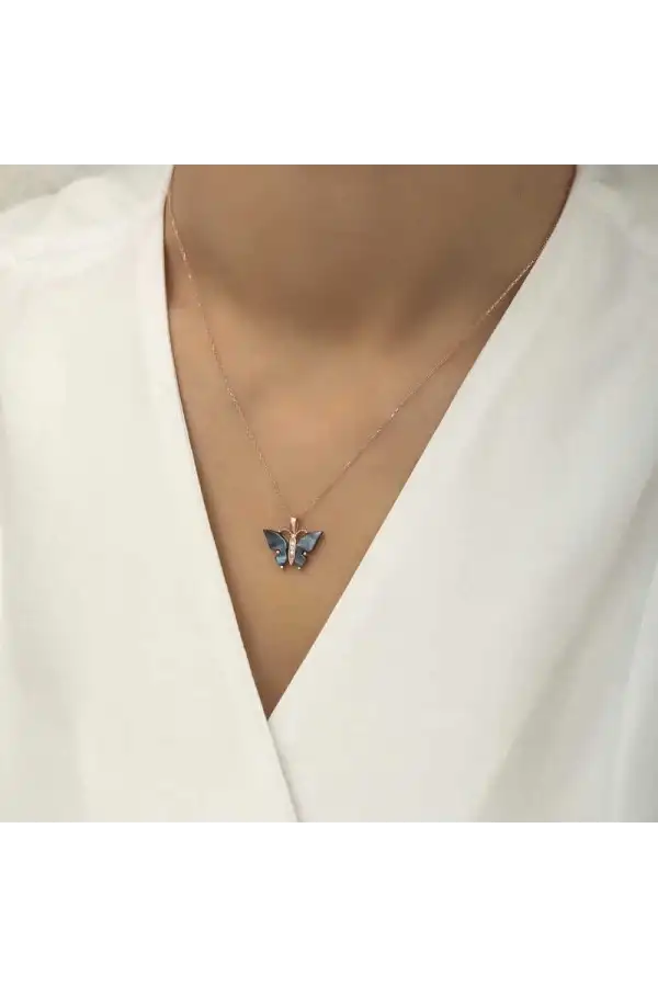 Gümüş Rose Antrasit Kaplangözü Taşlı Kelebek Kolye