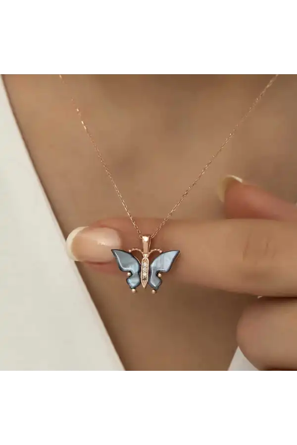 Gümüş Rose Antrasit Kaplangözü Taşlı Kelebek Kolye