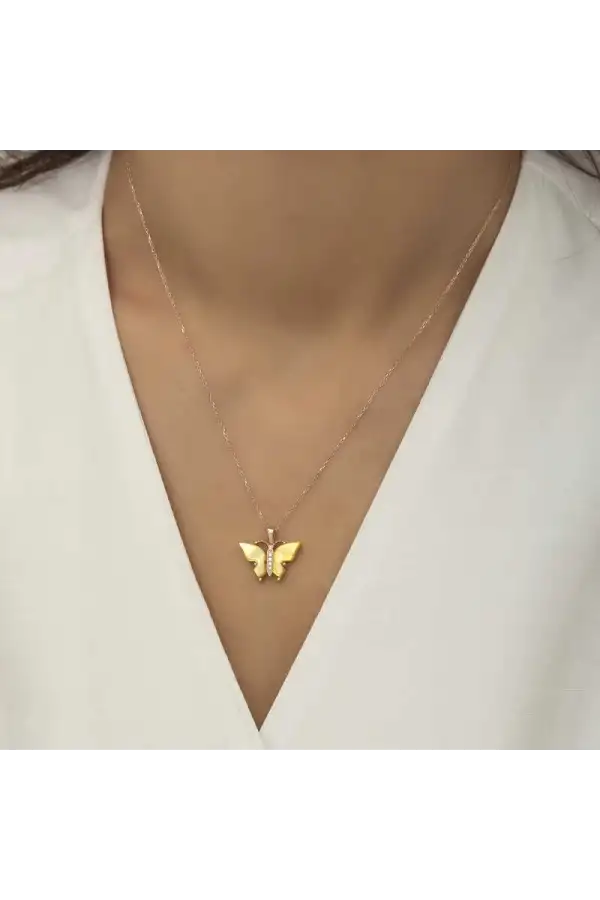 Gümüş Rose Sarı Kaplangözü Taşlı Kelebek Kolye