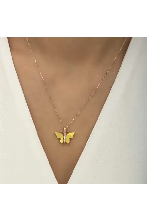 Gümüş Rose Sarı Kaplangözü Taşlı Kelebek Kolye