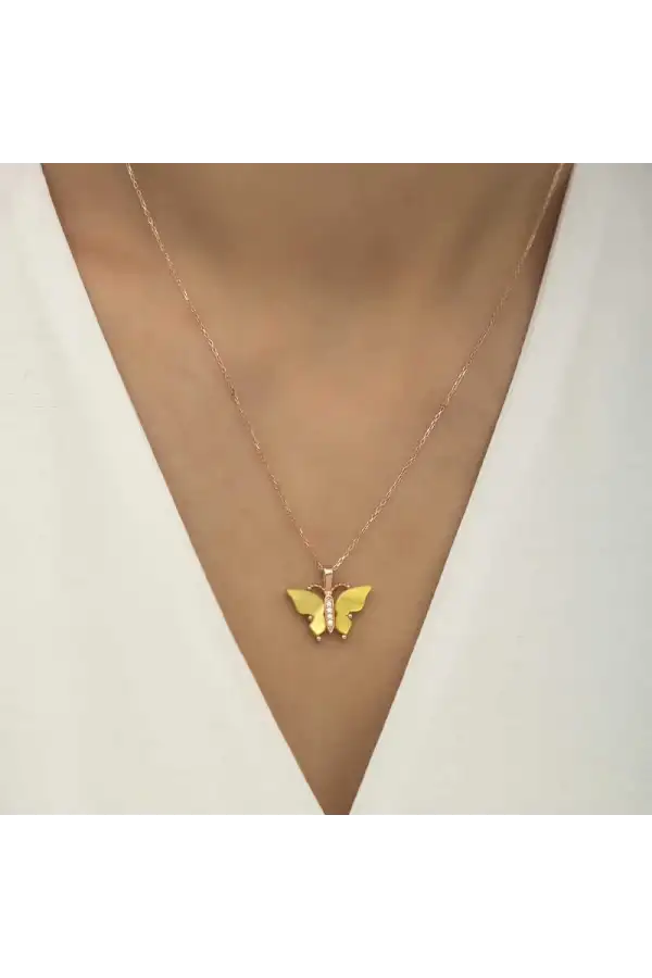 Gümüş Rose Sarı Kaplangözü Taşlı Kelebek Kolye